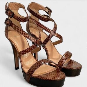 Hugo Boss Brown Leather High Heels Sandals withh Ankle Straps Size 6.5 Italy